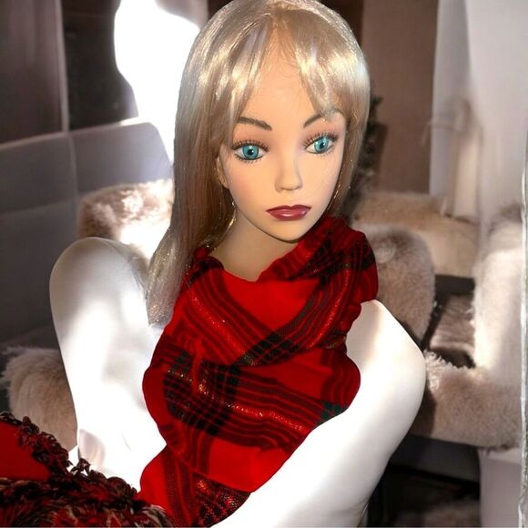 Plaid Scarf l Gold embosseded 70” scarf l Accessory l Red, Green,,Gold. l Light! - Picture 1 of 9